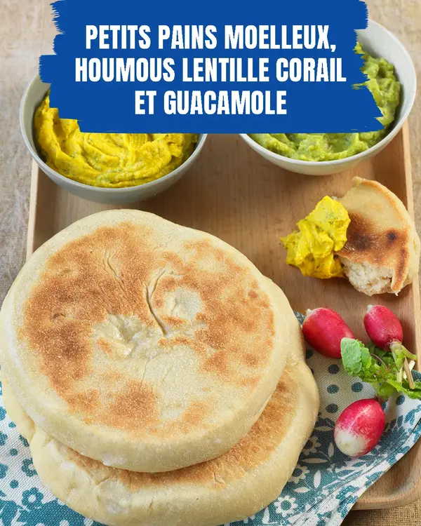 Petits pains moelleux, houmous lentille corail et guacamole 